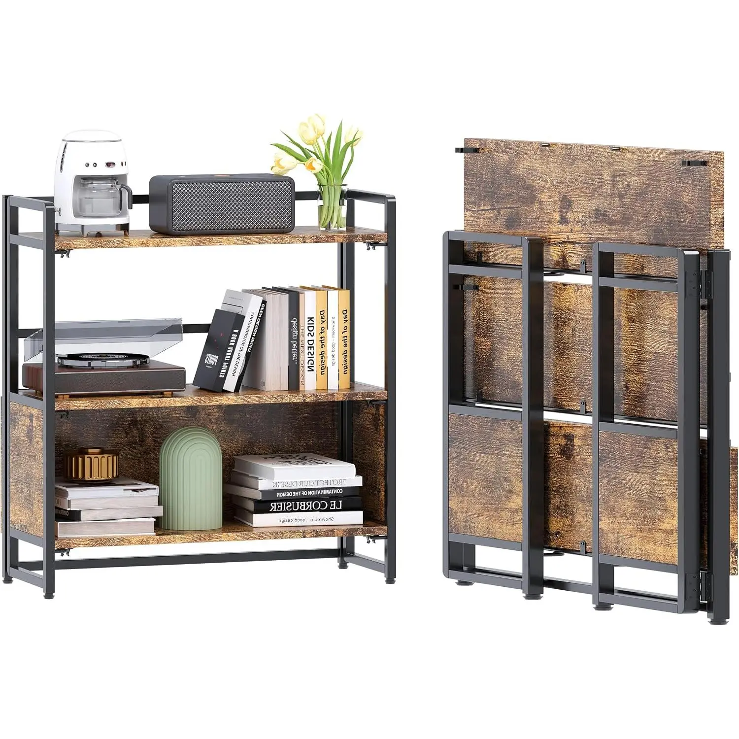 Folding Bookshelf 3 Tiers No Assembly   Storage,Rustic Brown | 32.68''H x 30.79''W   Collapsible Portable Foldable Shelves,Bookcase Organizer for Living Room, Bedroom, Dorm