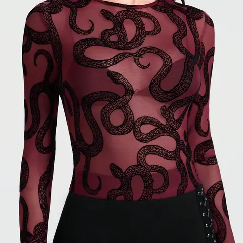 Women's Gothic Snake Graphic Print Sheer Mesh Long-Sleeve Top, Burgundy Slim-Fit Round-Neck Top with No Inner Lining, Stylish and Unique Design, Perfect for Gothic Fashion Enthusiasts