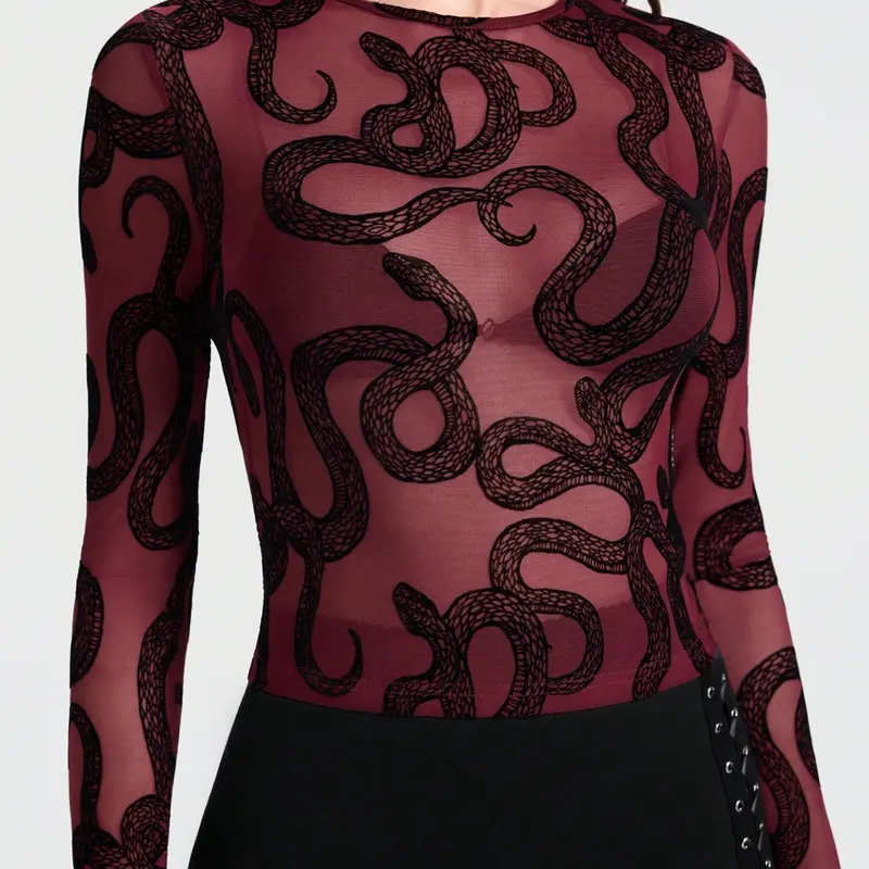 Women's Gothic Snake Graphic Print Sheer Mesh Long-Sleeve Top, Burgundy Slim-Fit Round-Neck Top with No Inner Lining, Stylish and Unique Design, Perfect for Gothic Fashion Enthusiasts