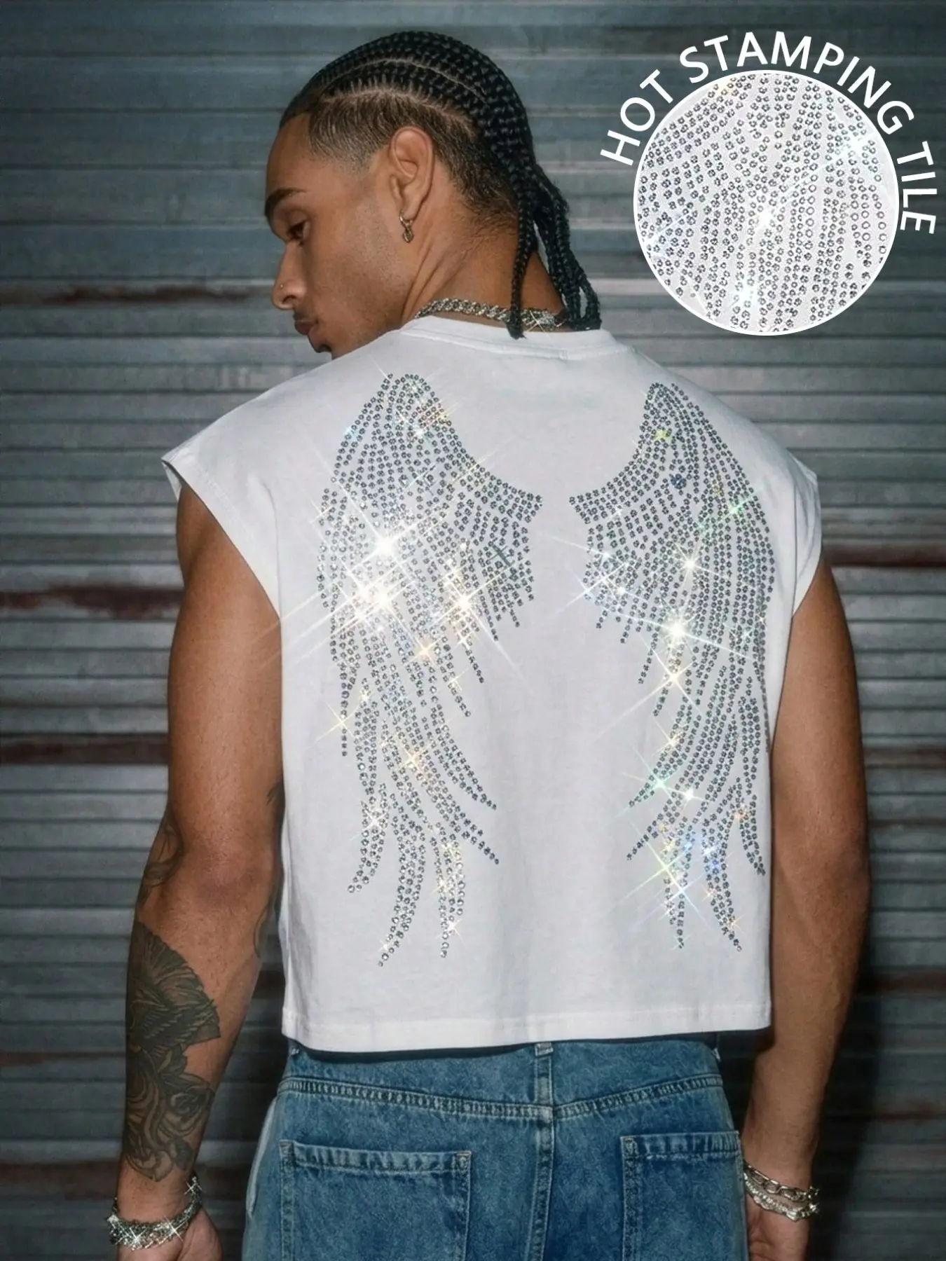 Men's Short Sleeveless Vest, Y2K Street Style Rhinestone Wing Print, Loose Fit, Casual Wear, Nightclub Party, Hip Hop Daily