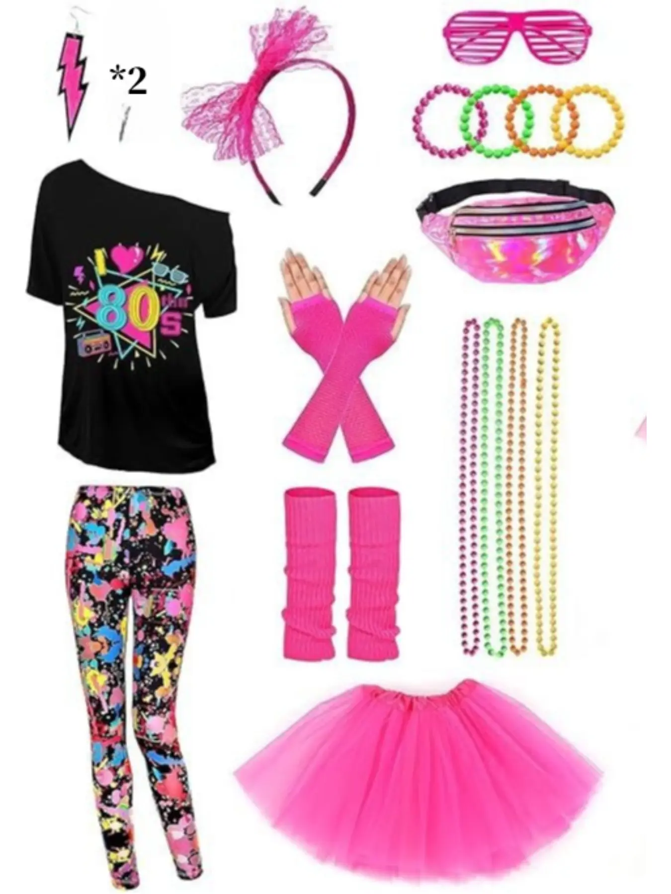 Retro 80s Theme Set Off Shoulder Print T-Shirt Tutu Skirt Leopard Socks With Fanny Pack Headband Leg Warmers Accessories Party Stage Outfit