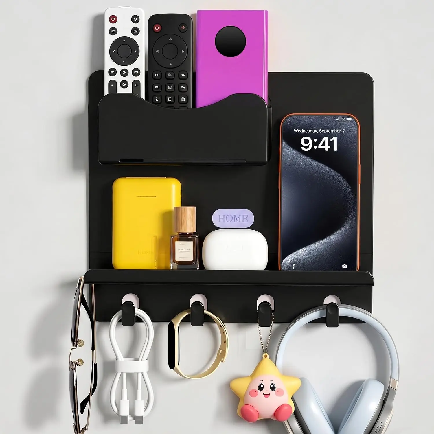 Bedside Shelf Wall Mount, Adhesive Bedside Shelf Accessories Organizer with Hooks and  Clips,Dorm Bedside Wall Storage for Phone, Remote, Earphone,Plastic (Black)