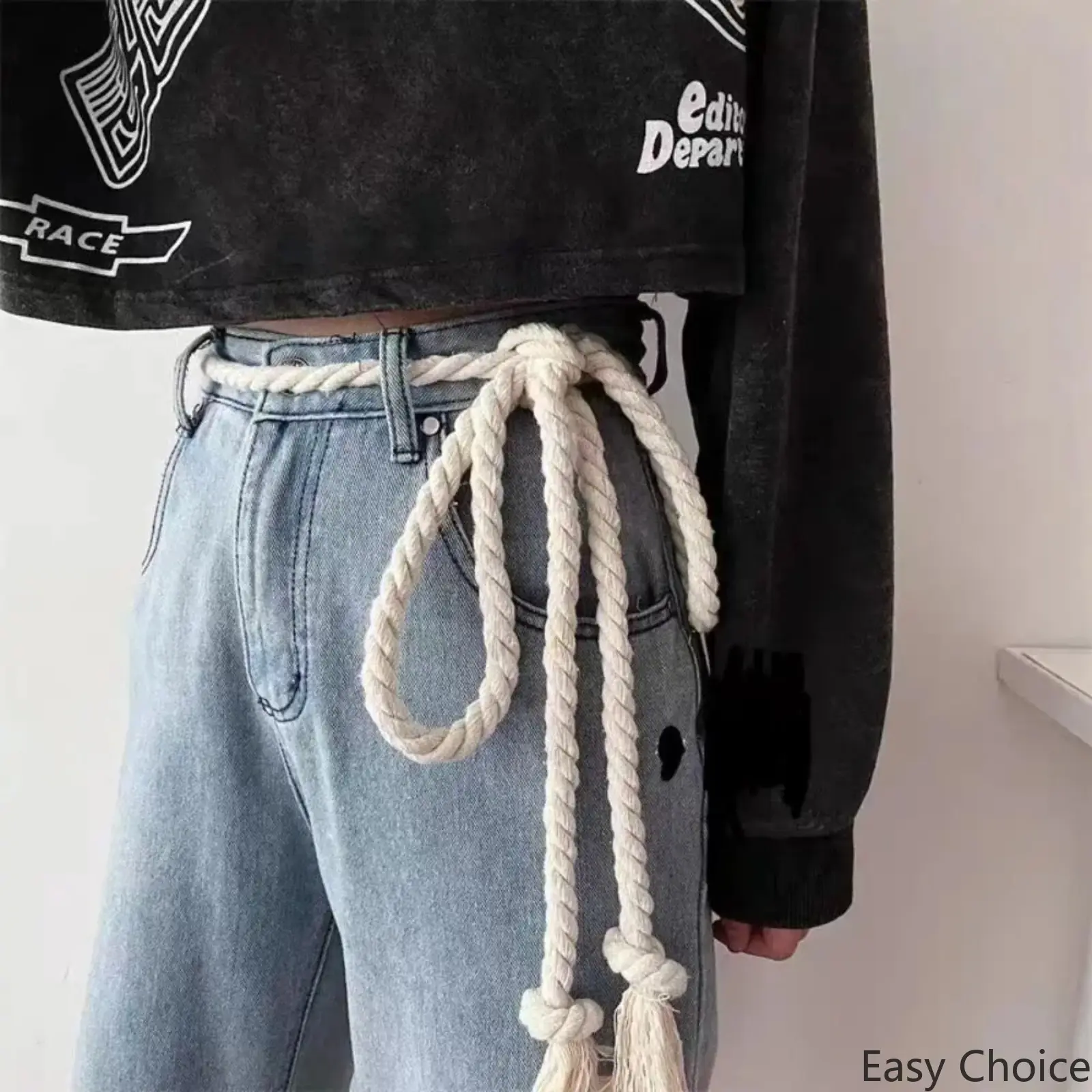 Vintage Braided Rope Belt for Women & Men Y2K Style Thick White Rope with Black Plaid Pattern Versatile Jeans Accessory Hand Washable Perfect for Casual Outfits