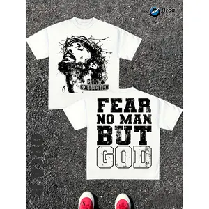 Men's Pure Cotton Jesus Christ Crown Of Thorns Fear No for Man But God Graphic Print T-Shirt Saint Collection High Quality Fashion Soft Comfortable Street Style Cool Loose Fit Top Perfect for Holiday Gifts Unisex Cotton T-Shirt