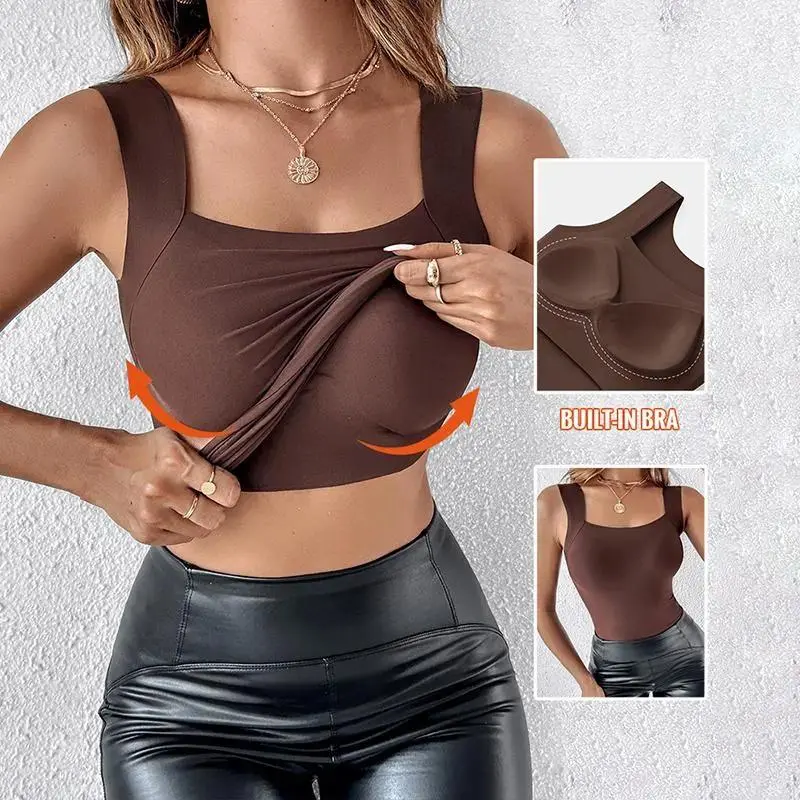 Built-in Bra Tank Tops U Neck Camisole High Strechy Seamless Women Going Out Tops Everyday Basic Tanks Padded Tops