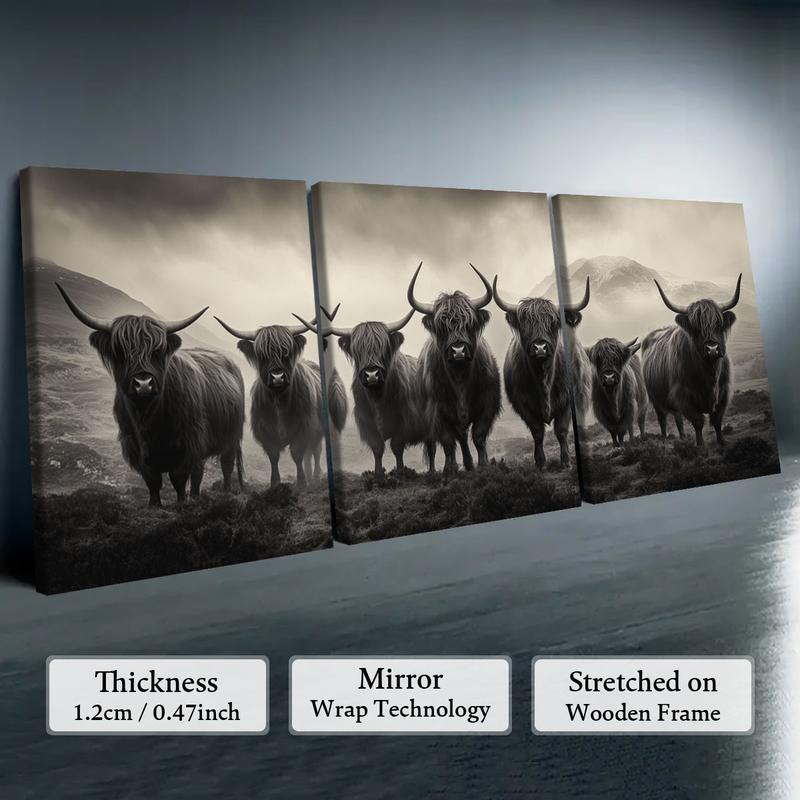 Highland Cow Pattern Canvas Framed Painting, 3 Counts Modern Wall Art Painting, Wall Art Decor for Home Interior Living Room Bedroom Office, Ornaments, Indoor Decoration #TOP PICKS