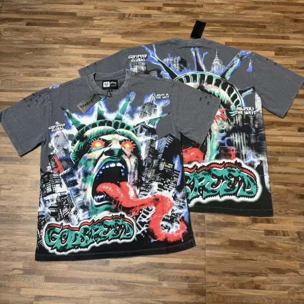 Real Photo Original Label Ripped Hot Drill Godspeed Short Sleeves T Shirt American Cotton Vintage Washed Rhinestone Bling Oversized Loose Unisex Round Neck Streetwear Hip Hop Y2K Casual Tops Tees With Tags For Men Women