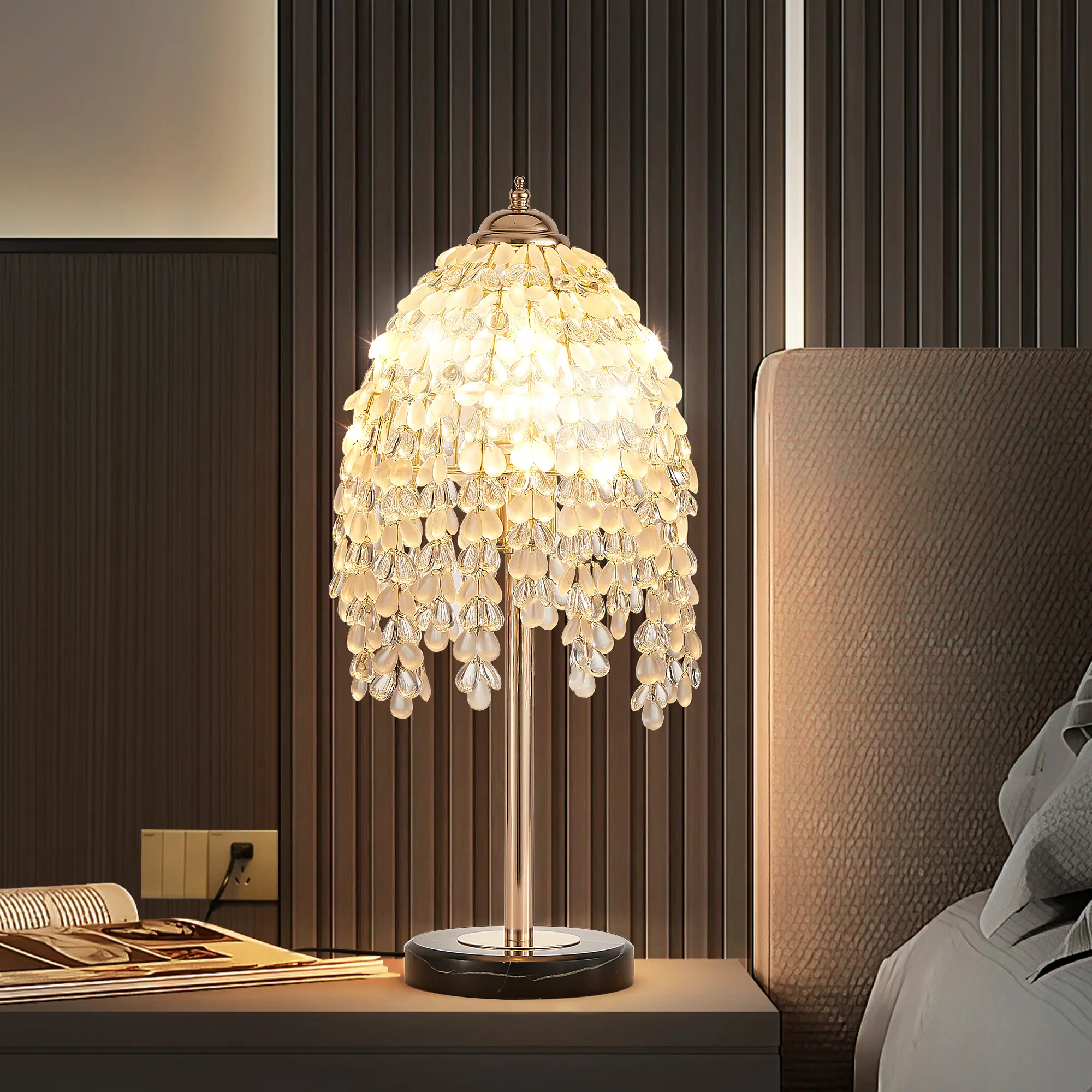 19" Crystal Table Lamp with Waterfall Beaded Shade, Vintage Glam Bedside Lamp with Marble Base, Elegant Decorative Table Light for Bedroom, Living Room & Office (Bulb Not Included)