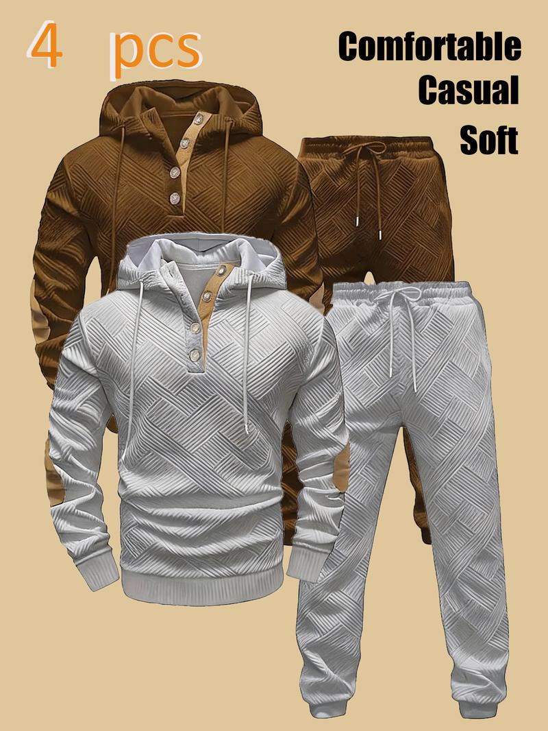 Men's Quilted Hooded Pullover with Half-Placket Buttons + Jogger Pants: Soft Casual Sportswear Set