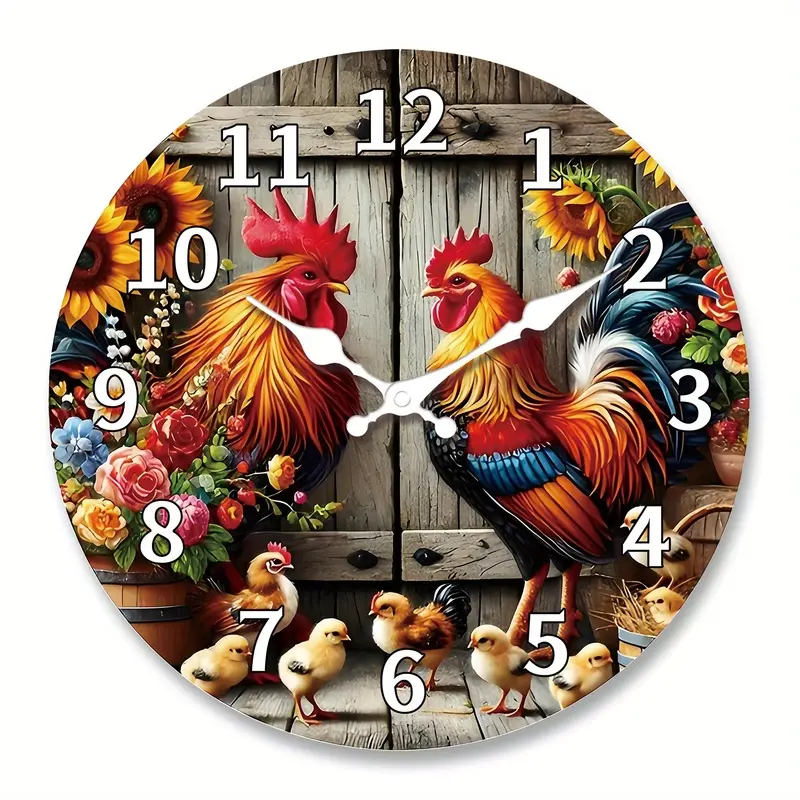 1 piece, farm-themed acrylic wall clock, designed with rooster, chick, and sunflower patterns, battery-powered silent clock, suitable for living room, bedroom, kitchen, office decoration, modern home art decoration, an ideal gift for birthdays, holidays,