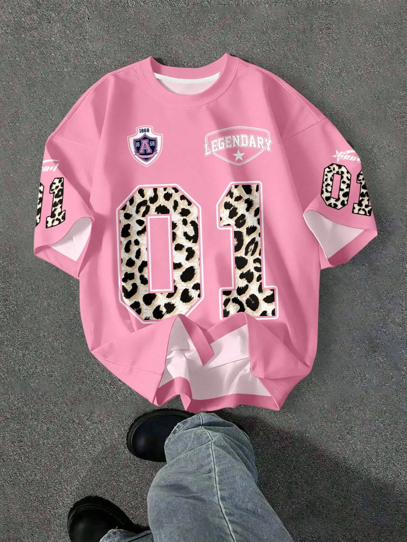 Y2K Retro Leopard Print Short Sleeve T-Shirt, American Sports Badge Print, Loose Streetwear Top, Casual All-Season Tee