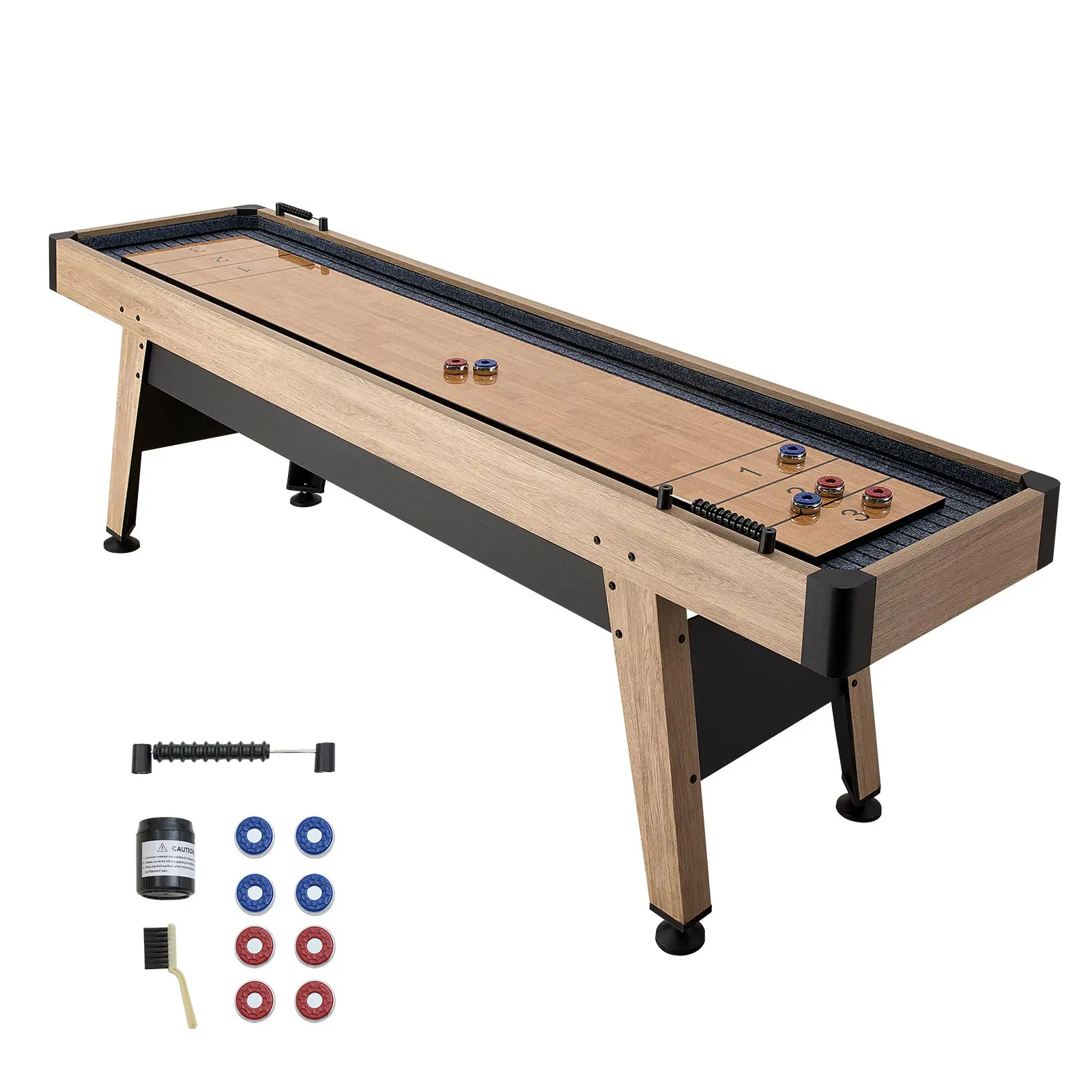 9 ft Shuffleboard Table, Scratch-Resistant Playfield for Smooth, Fast Puck Action, Pedestal Legs with Levelers for Optimum Stability, Shuffle Board w/ 8 Pucks, Wax, Brush, for Family Game Room
