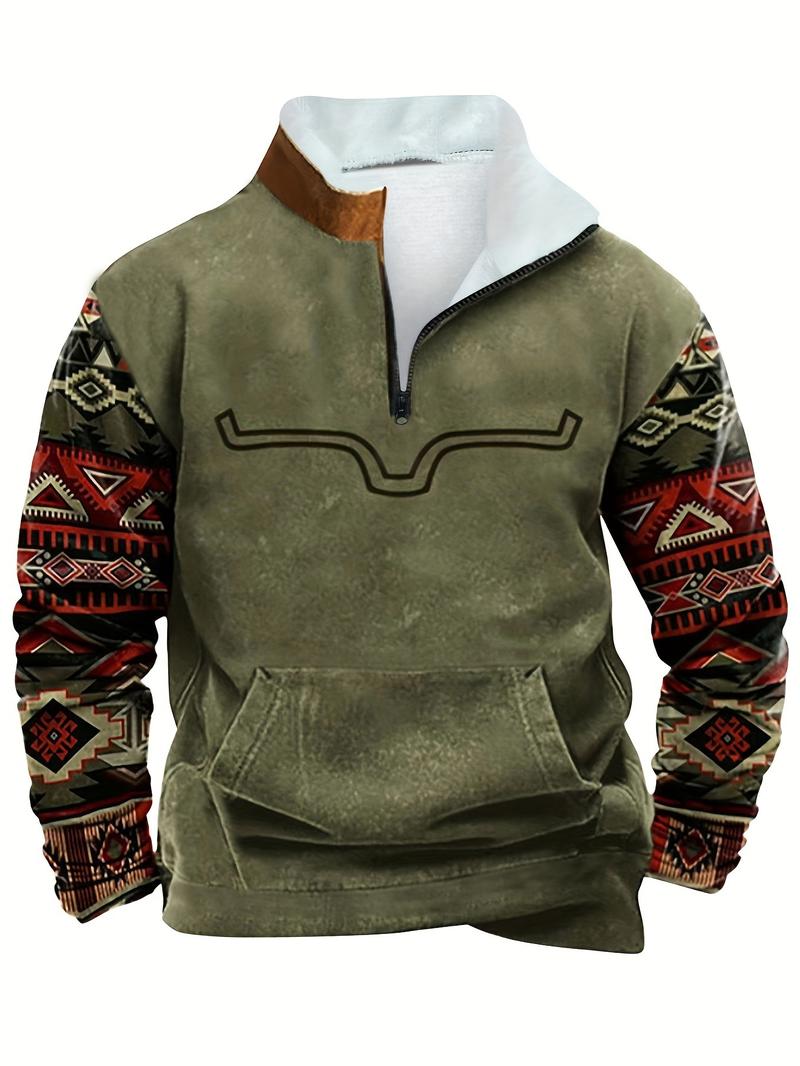 Men's Ethnic Pattern Zip Up&nbsp;Fleece&nbsp;Hoodie, Casual Regular Fit Long Sleeve Drop Shoulder Sweatshirt for Fall & Winter, Men's Top for Daily Wear