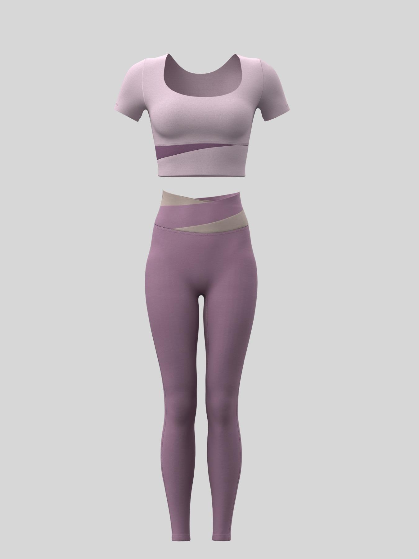 Women's Colorblock Crop Tee & High Waist Leggings Tracksuit Set, Sporty Breathable Comfy Outfits for Yoga Gym Workout Running Clothes, Ladies Sportswear for All Seasons