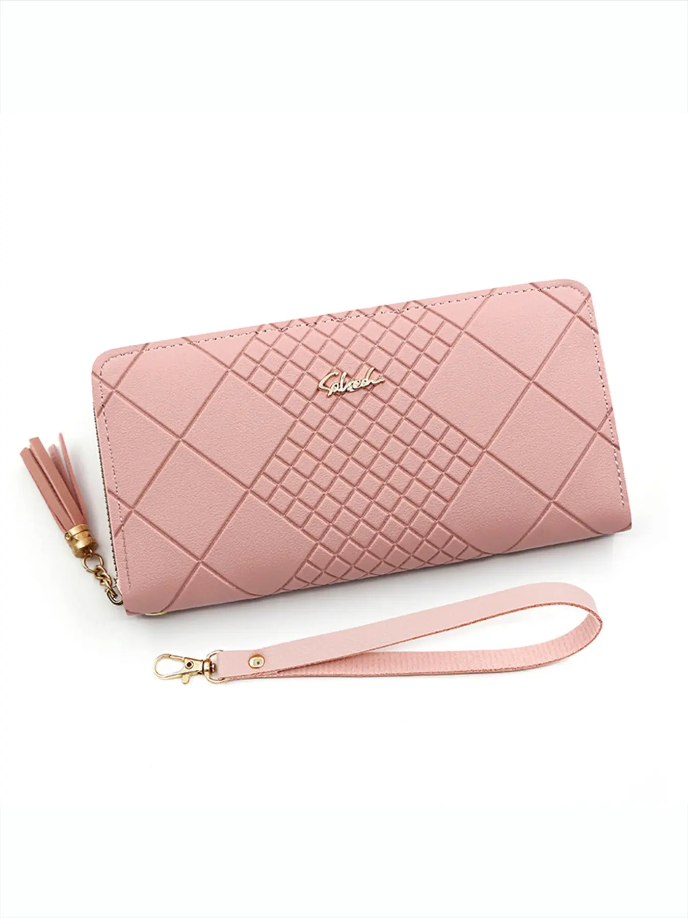 Women's Long Zipper Wallet, Plaid Texture PU Leather Handbag, Fringe Wrist Strap, Large Capacity Card Holder, Multi-Color Evening Bag, Zipper Wristlet Purse