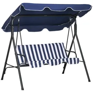 3-Seat Outdoor Patio Swing Chair with Removable Cushion, Steel Frame Stand and Adjustable Tilt Canopy for Patio, Garden, Poolside, Balcony, Backyard, Dark Blue