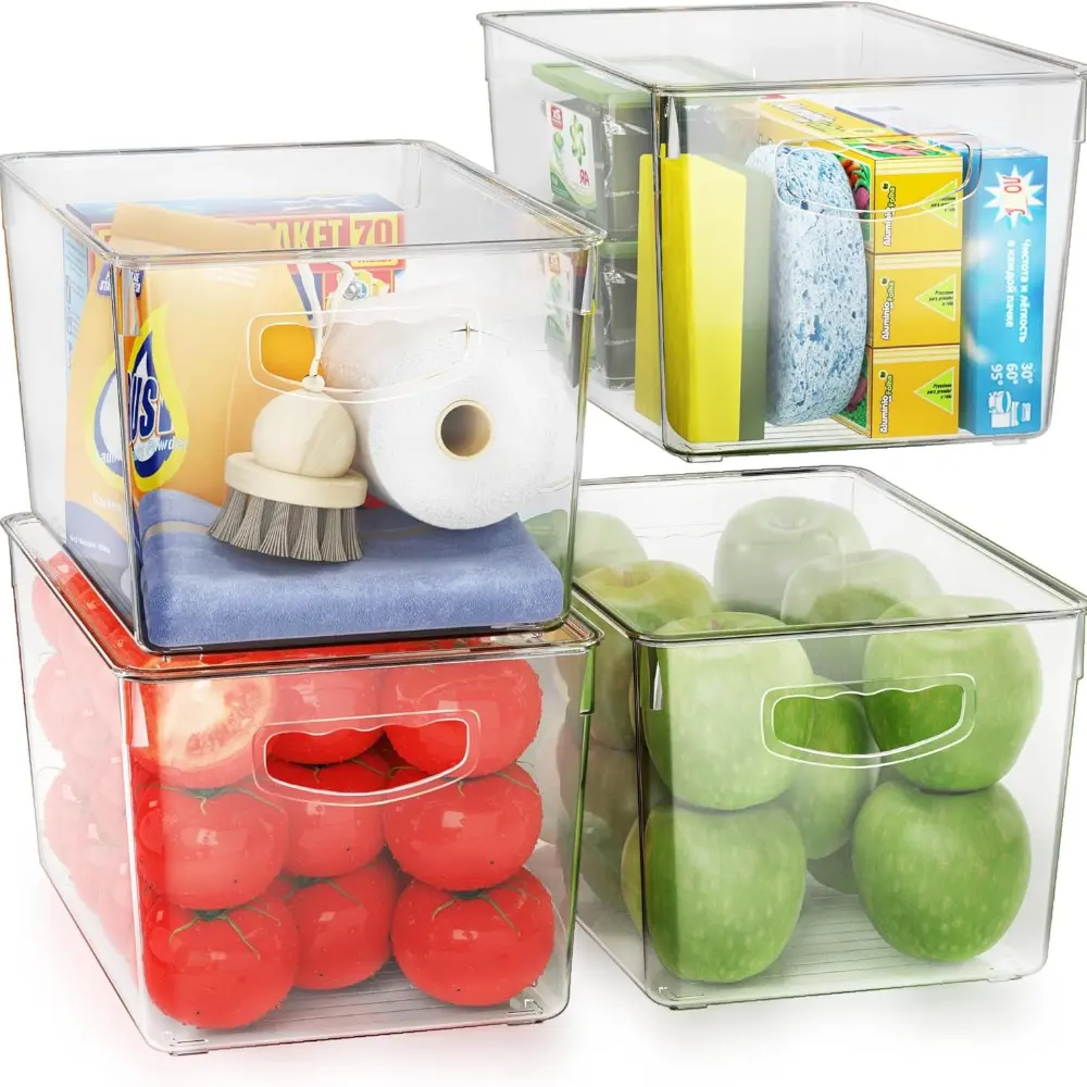 4 Pack Clear Stackable Storage Bins with Lids, Large Plastic Food Service Delivery Containers, Perfect for Pantry Organization, Kitchen, Fridge, Laundry Room, Bathroom, Garage, Closet, Cabinet Storage