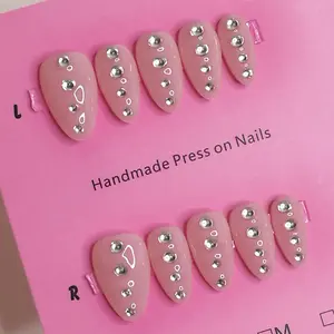 Handmade Almond Shape Short Press on Nails, Hot Girl Style, Nude Rhinestone, 10 Pcs with Jelly Glue and File, Perfect Gift for Girls