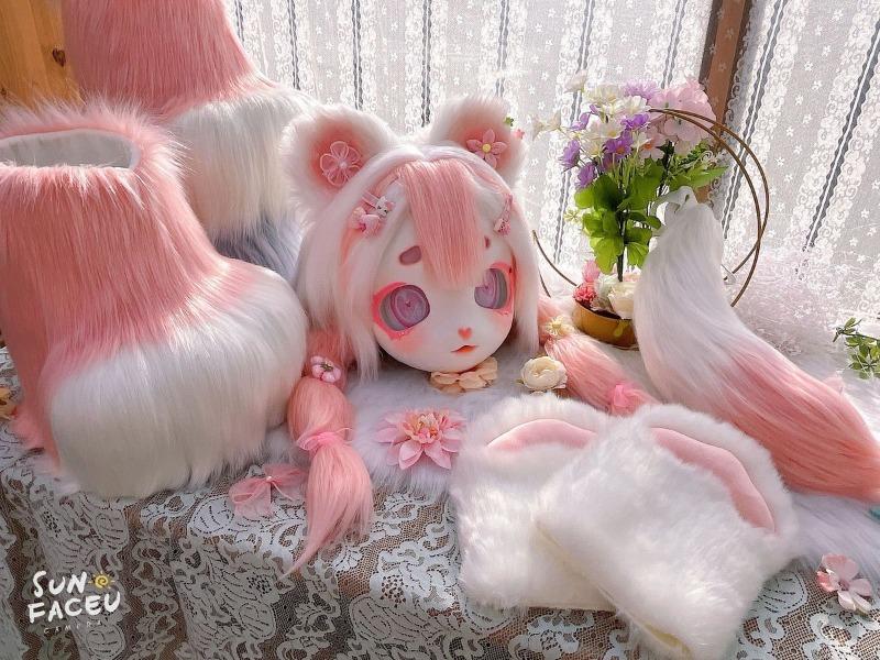 Fursuit Kigurumi Furry Cosplay Costume Pink Little Bear Head Paw Tail Shoes Comiket Furries Doll Kig for Kids Adults Dress up