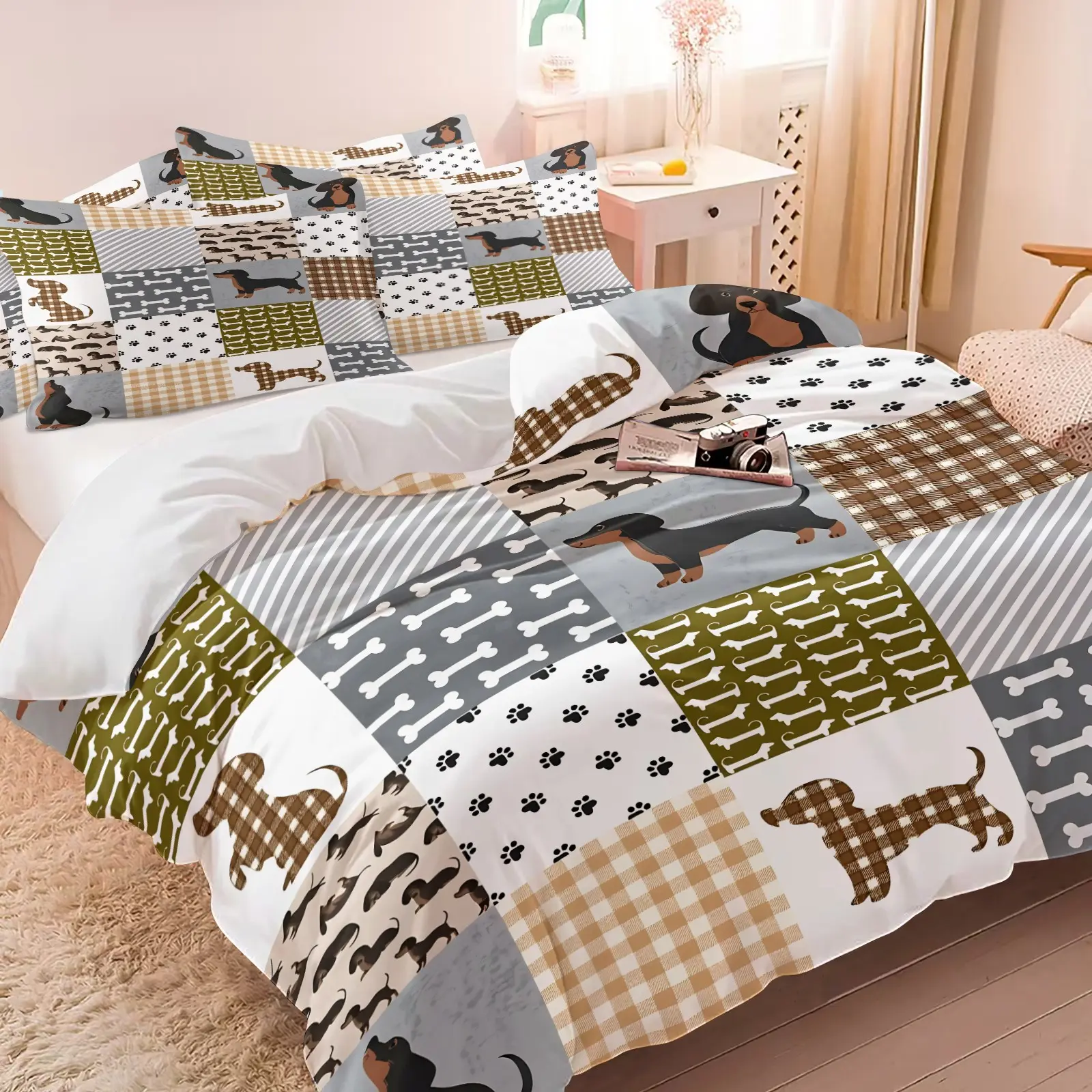 Dachshund Patchwork Decorative Bedding Set, 1 Duvet Cover + 1/2 Pillowcases, No Filling, HD All Season Print, Soft Breathable Bedding, Plaid Bone Paw Sausage Dog Pattern for Dachshund Lover Bedroom Decor, Easy to Clean