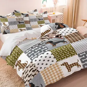 Dachshund Patchwork Bedding Set, 1 Duvet Cover + 1/2 Pillowcases, No Filling, HD All Season Print, Soft Breathable Bedding, Plaid Bone Paw Sausage Dog Pattern for Dachshund Lover Bedroom Decor, Easy to Clean