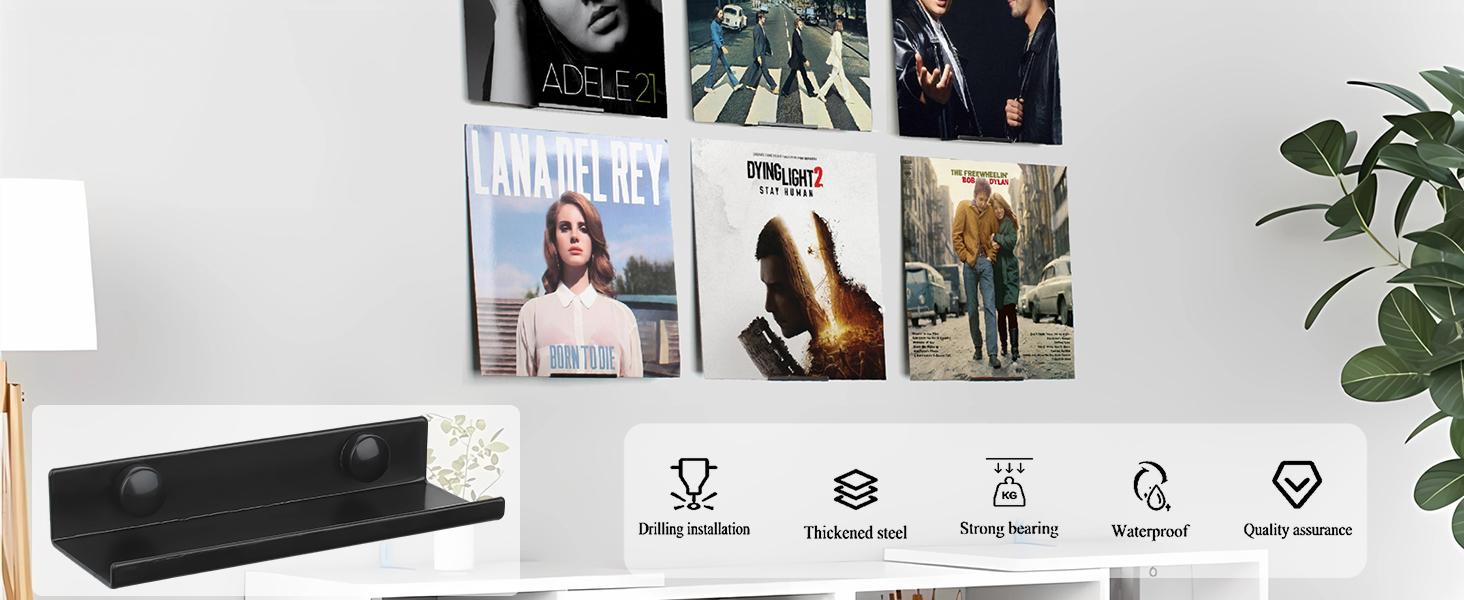 BASIC SUPPLY Vinyl Wall Mount 6 Pack, Black Metal Vinyl Holder Wall Display Shelf Record Wall Mount Stand for Albums LP Minimalist Record Wall Storage Set for CD Display in Office Home