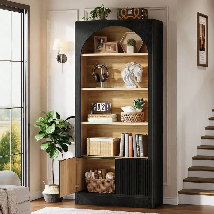 71" Tall 5-Tier Curved MDF Bookcase - Rustic Modern Minimalist Oak-Inspired Black & Brown Shelf with Fluted-Door Cabinet, 73.85 lb, Space-Saving Dining Room Home Office Furniture, Detailed Instructions, Assembly Required