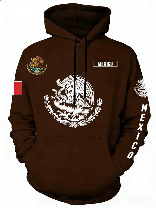 Mexican Cultural Pride Print Hoodie, National Pride Printing, Casual Fitted Design, Long Sleeve, Drawstring Pockets, Fall & Winter