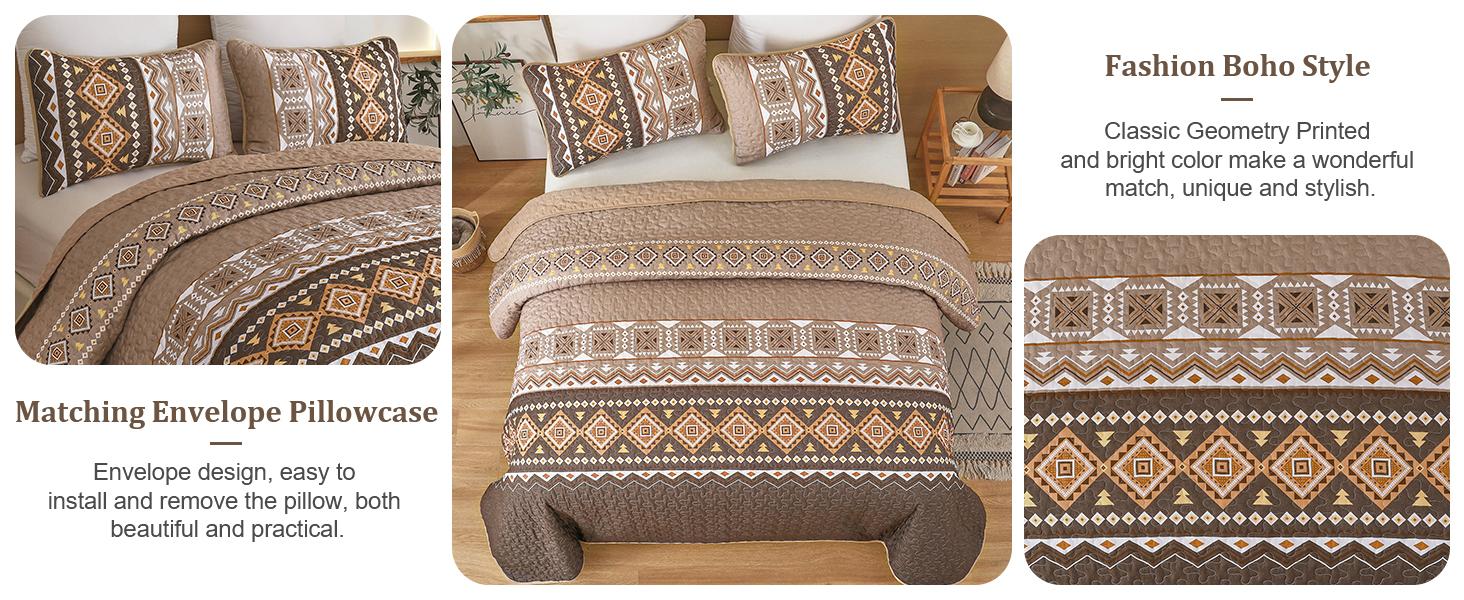 Boho Set Queen Size,3 Pieces Brown Printed Bedspread Coverlet Set,Lightweight Microfiber Bedding Set with 2 Pillowcases,96"*90"