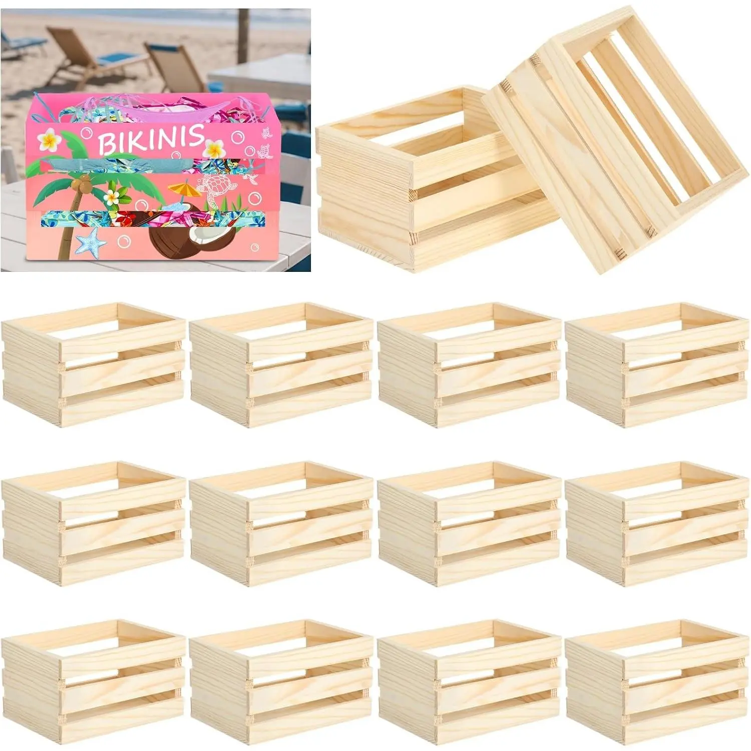 12PCS Decorative Nesting Wood Crates, Small Bikini Box, 5" Farmhouse DIY Rustic Wooden Storage Crates for Storage Display