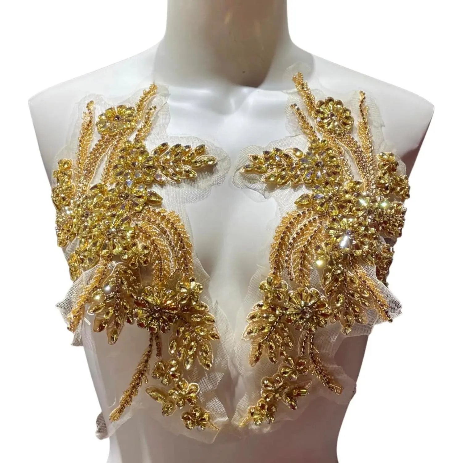 1 Pair 26.5*18cm Gold Handmade Rhinestone Appliques - Sew-on Rhinestone Patches for Wedding Dress Banquet Evening Gown Photography Decoration (Gold)