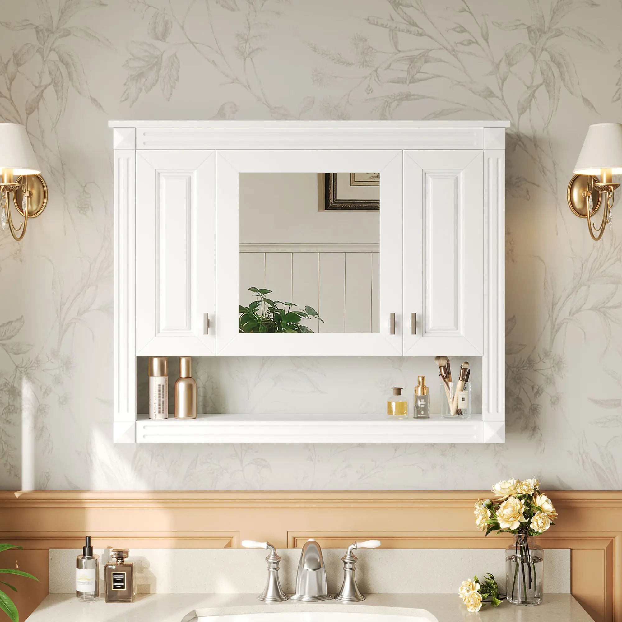 ARCH 35-Inch Waterproof Bathroom Wall-Mounted Mirror Cabinet - Solid Wood+MDF, 3 Mirrored Doors, Adjustable Shelves, 38.58 lb, 39.17" L x 19.80" W x 8.07" H, All Components, Assembly Required, Over-Toilet Organizer for Bathroom, Bedroom, Wall Mount, Compa