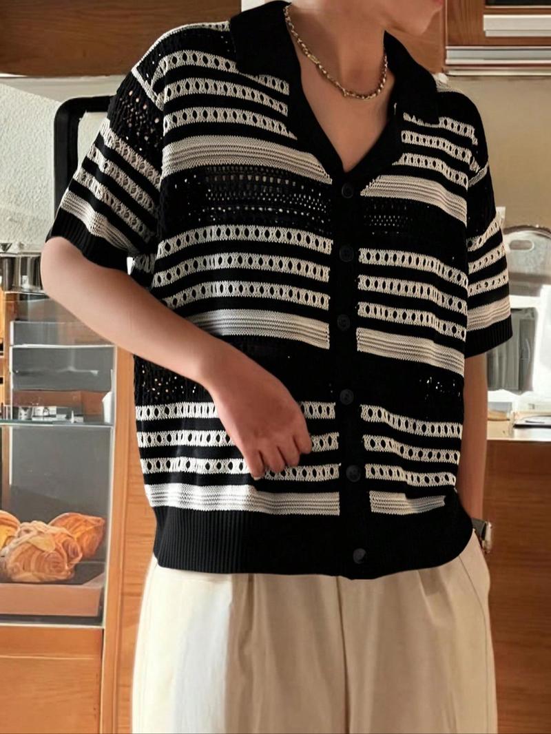 Men's Striped Print Short Sleeve Cardigan, Loose Casual Open Front Knitwear for Spring & Summer, Fashion Men's Knit Clothing for Daily Wear, Tops