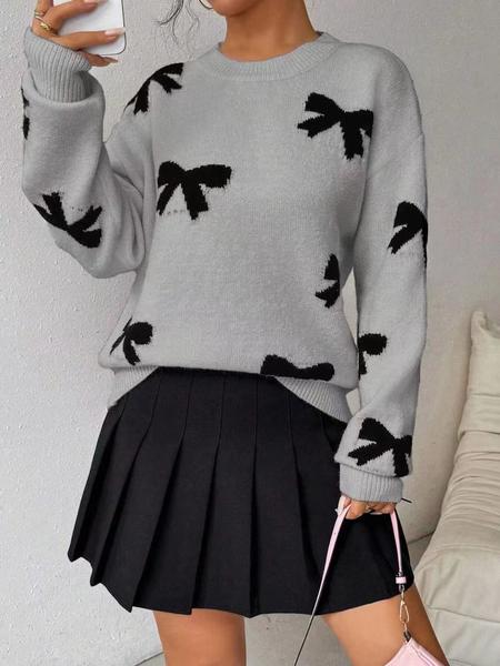 Fashion Bow Print Casual Loose Knitted Sweater Pullover Autumn/Winter Women Pullovers New Full Sleeve Knitwear