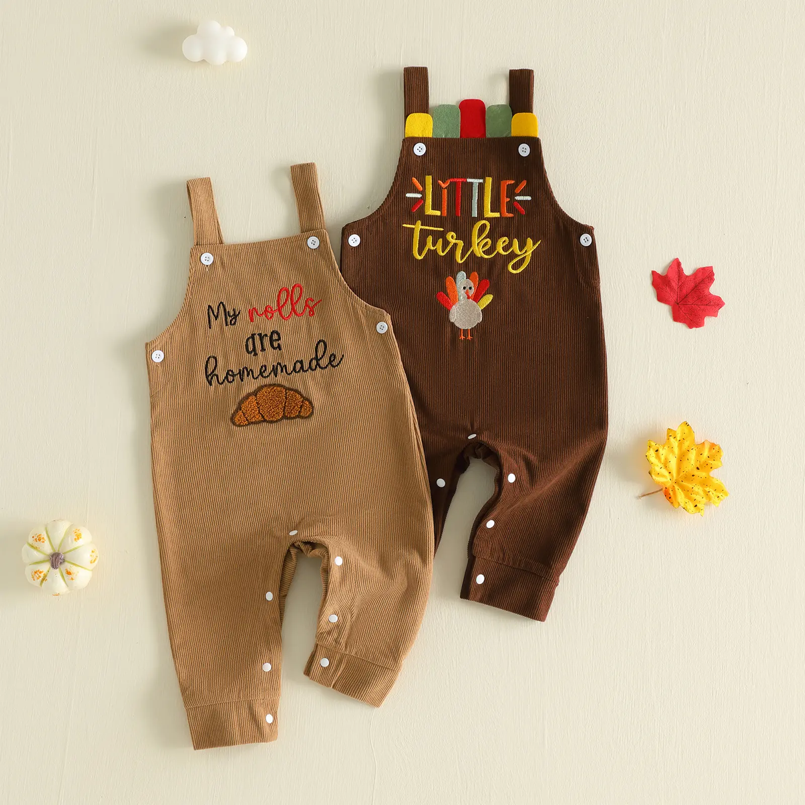 Toddler Baby Little Boy Thanksgiving Jumpsuit Corduroy Turkey Embroidery Sleeveless Overalls Fall Winter 3M-3T