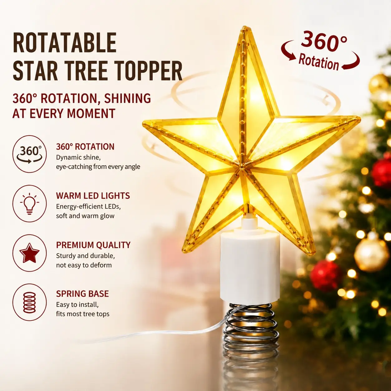 Glowing Rotating Star Christmas Tree Top Decoration, LED Warm Light Bulbs, 360 Degree Rotation, Energy Saving, Soft Lighting, Festive Atmosphere