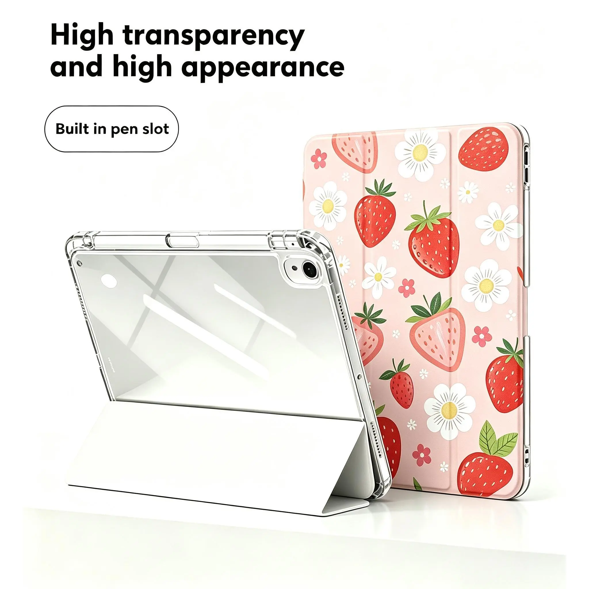 Cute Strawberry Floral iPad Case with Pencil Holder,Clear Transparent Back Tri-Fold Folio Cover, Shockproof Slim Adjustable Stand Tablet Protector, for iPad A16 11th/10th,Air 1/2/4/5/6.iPad Pro 10.5in/12.9in/13in.Mini 7
