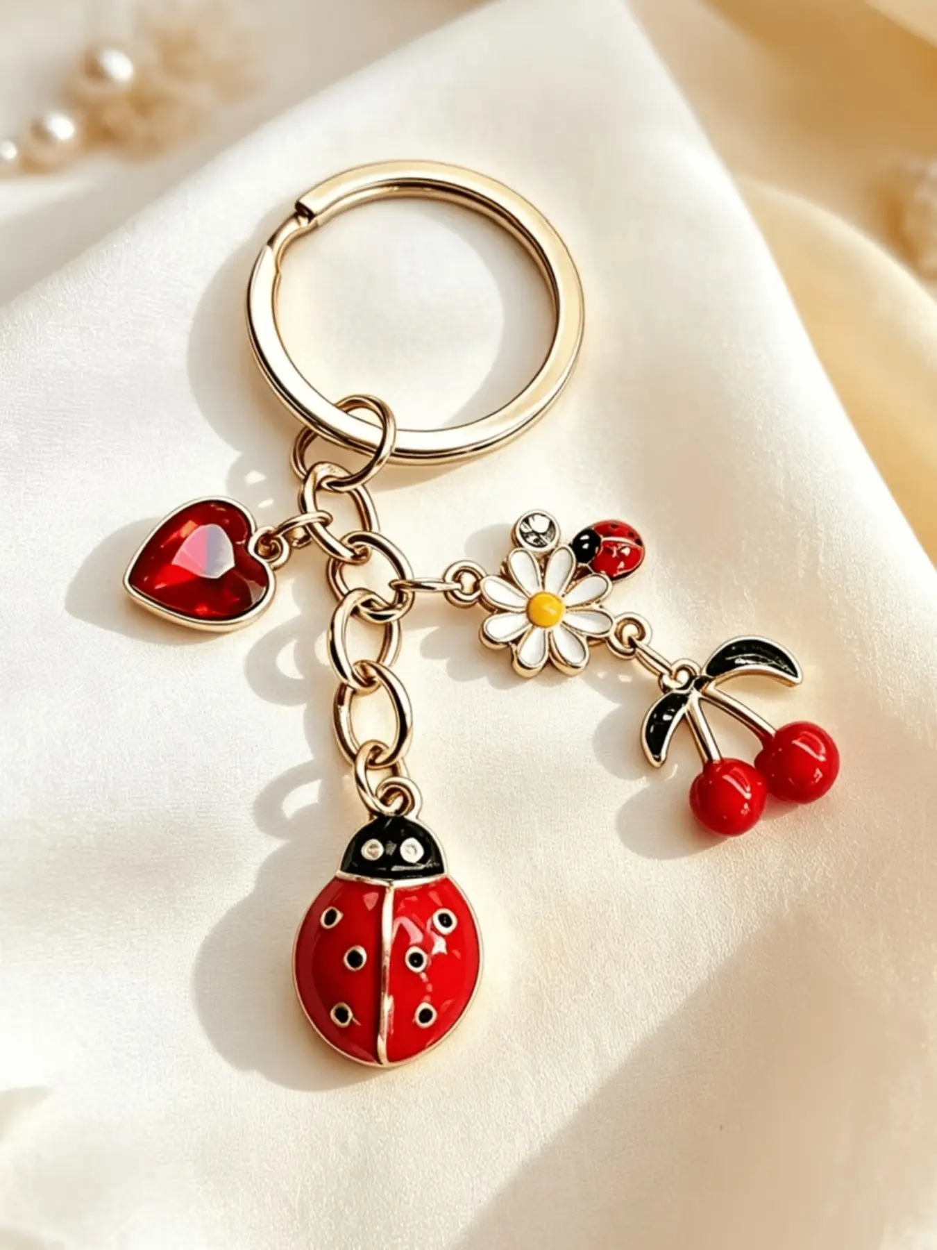 Enameled Alloy Ladybug Daisy Heart Cherry Pendant,Ladybug Keychain with Small Daisy Flower,Cherry,Rhinestone Heart Charms,Cherry Crystal Heart Enamel Keychain Dangle Bag Charm,Fruit Flower Insect Keyring Aesthetic Metal Chain Key Charm Gift for Her