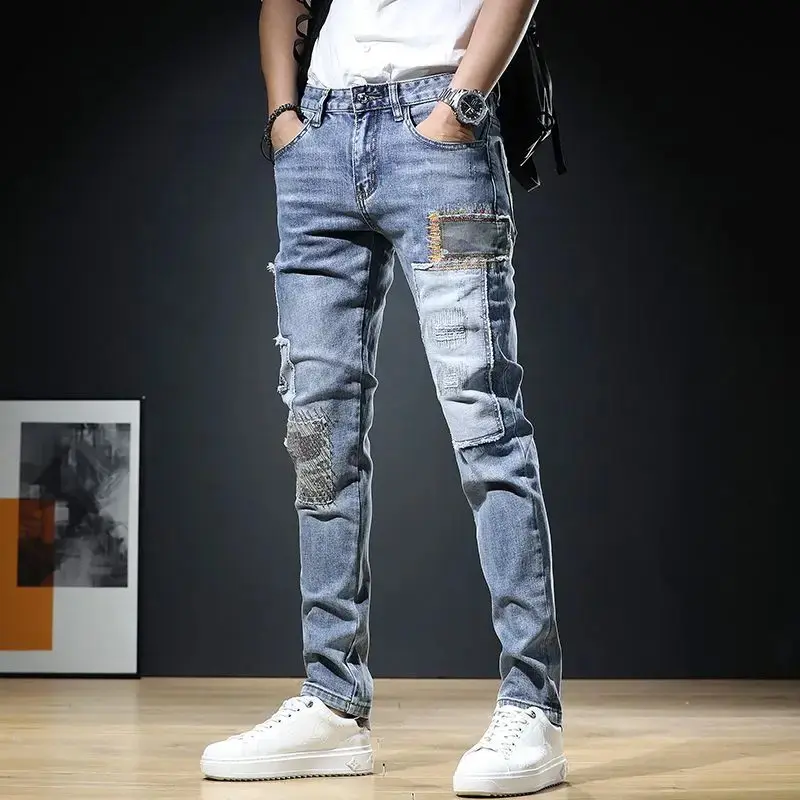 Men's Korean Style Jeans with Embroidered Patchwork, Slim Fit Casual Cotton Streetwear Denim Pants, Embroidery, Menswear, Luxury Men's Jeans, Plain, Jeans Trousers