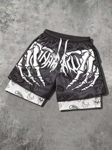 Summer Skull Hand Print Shorts, Fake Two-Piece Mesh Gym Shorts, Colorblock Quick-Dry, Casual Loose-Fitting, Fitness Shorts, Graphic Shorts
