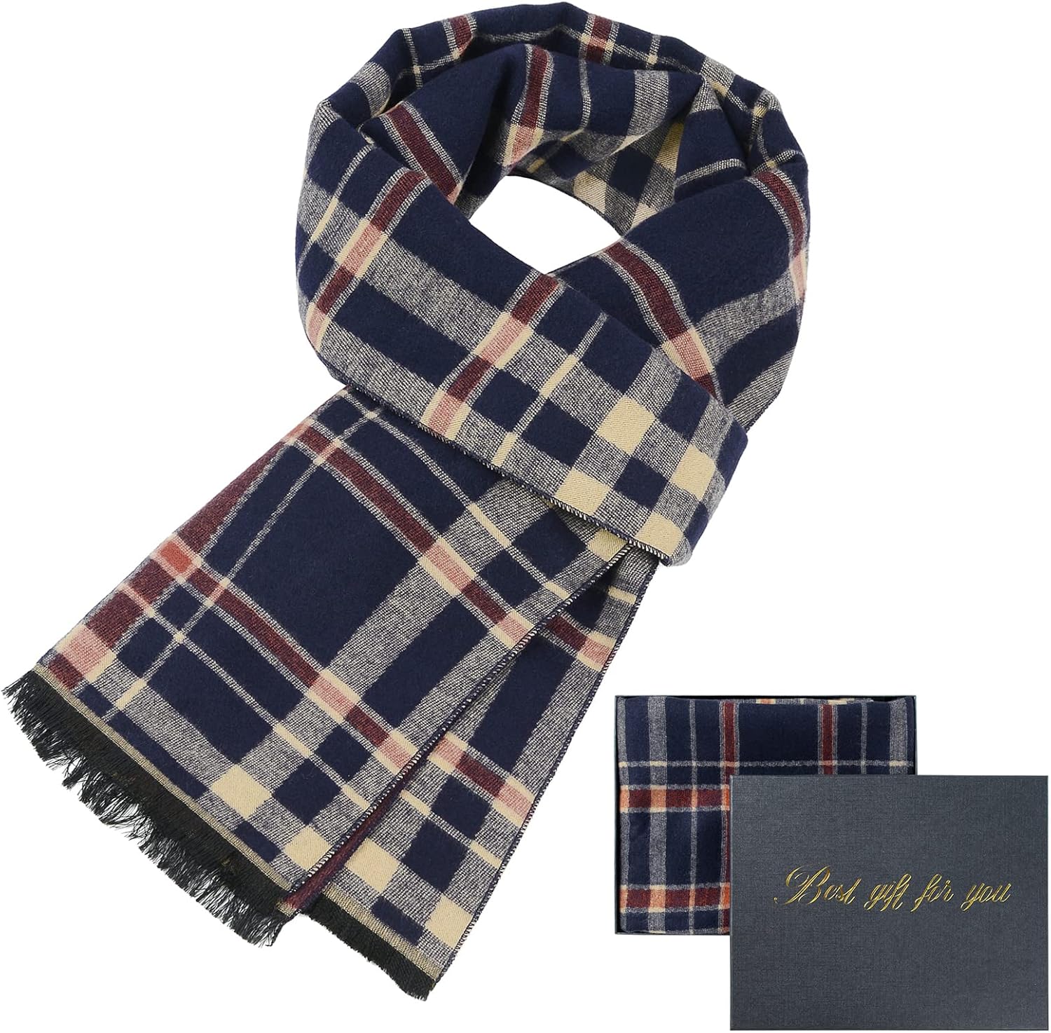Mens Winter Warm Long Soft Scarf Plaid Tassel Scarf for Men Soft Classic Scarves