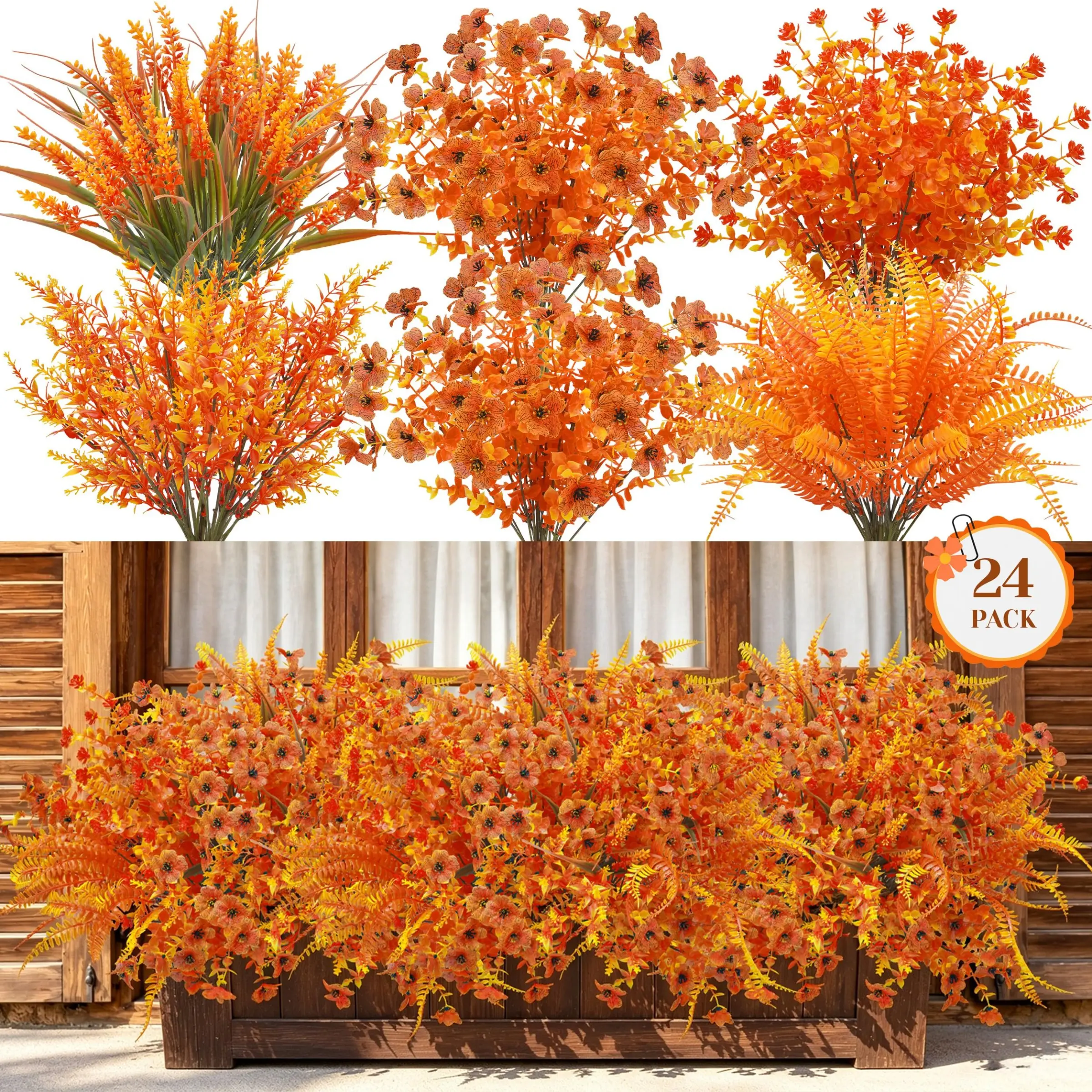 24Pcs Fall Flowers Artificial for Decoration Mixed Stems | Artificial fall flowers for outdoors with orange-yellow tones and mixed flower styles for porch, window box decor