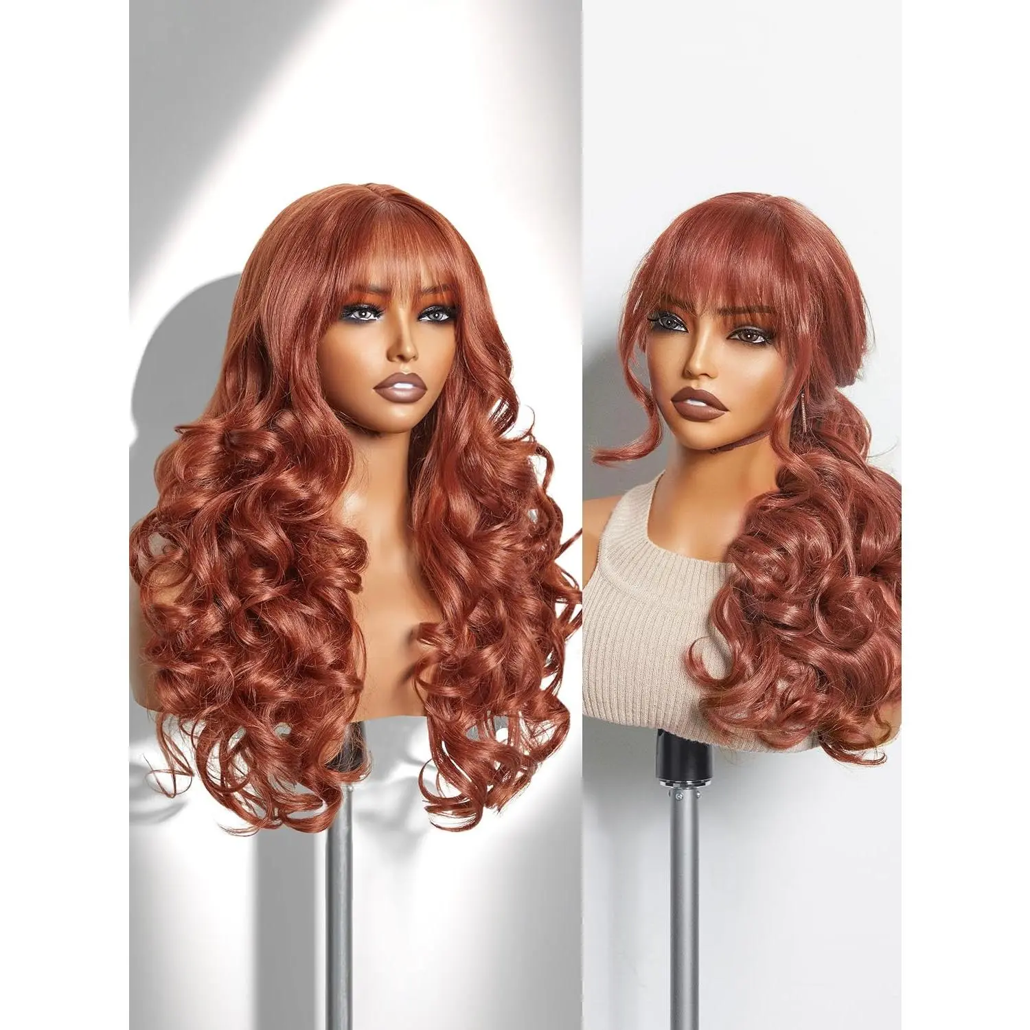 Wave Wigs with Bangs 180% Density Long curly wavy Wig for Black Women  Lace Orange Brown Wig Glueless Wigs Crafted with Style-Archive  Fiber