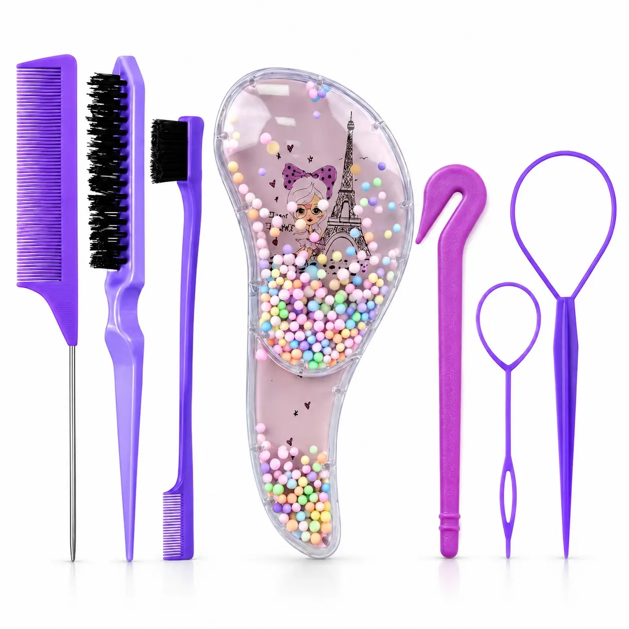 7-Piece Hair Styling Tool Set, Includes Tail Comb, Brush, Edge Comb, Massage Comb, Elastic Cutter, Hair Pins, Ideal for Daily Use