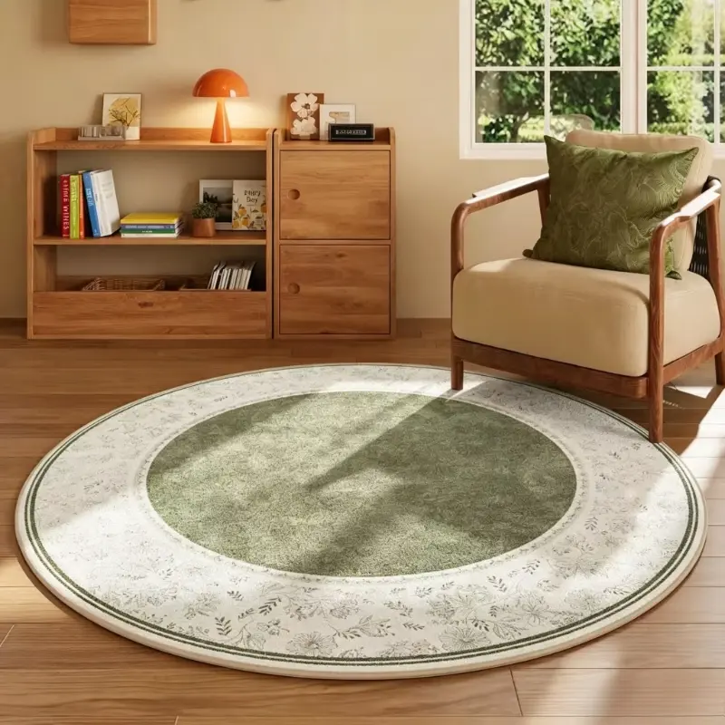 1pc Green Medieval Style Living Room Plush Carpet Retro Pattern Bedroom Decoration Bedside Rug Modern Art Bay Window Washable Carpet Round Fluffy Soft Home Entrance Door Non-slip Floor Mat