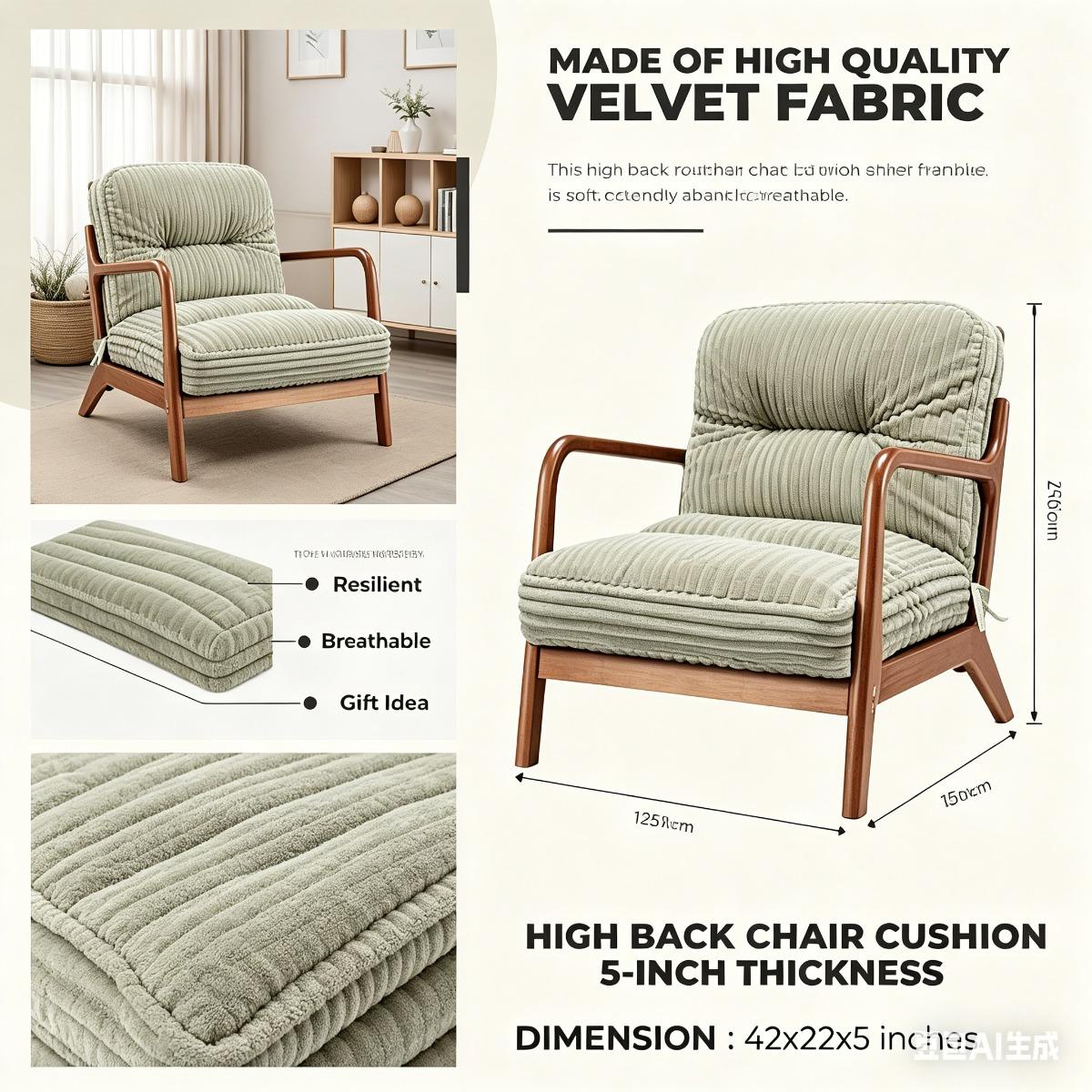 High Back Chair Cushion, Velvet Rocking Chair Cushion, 44x22x5 Inches Soft Seat Cushion for Indoor Furniture with Ties (Grey, Standard)