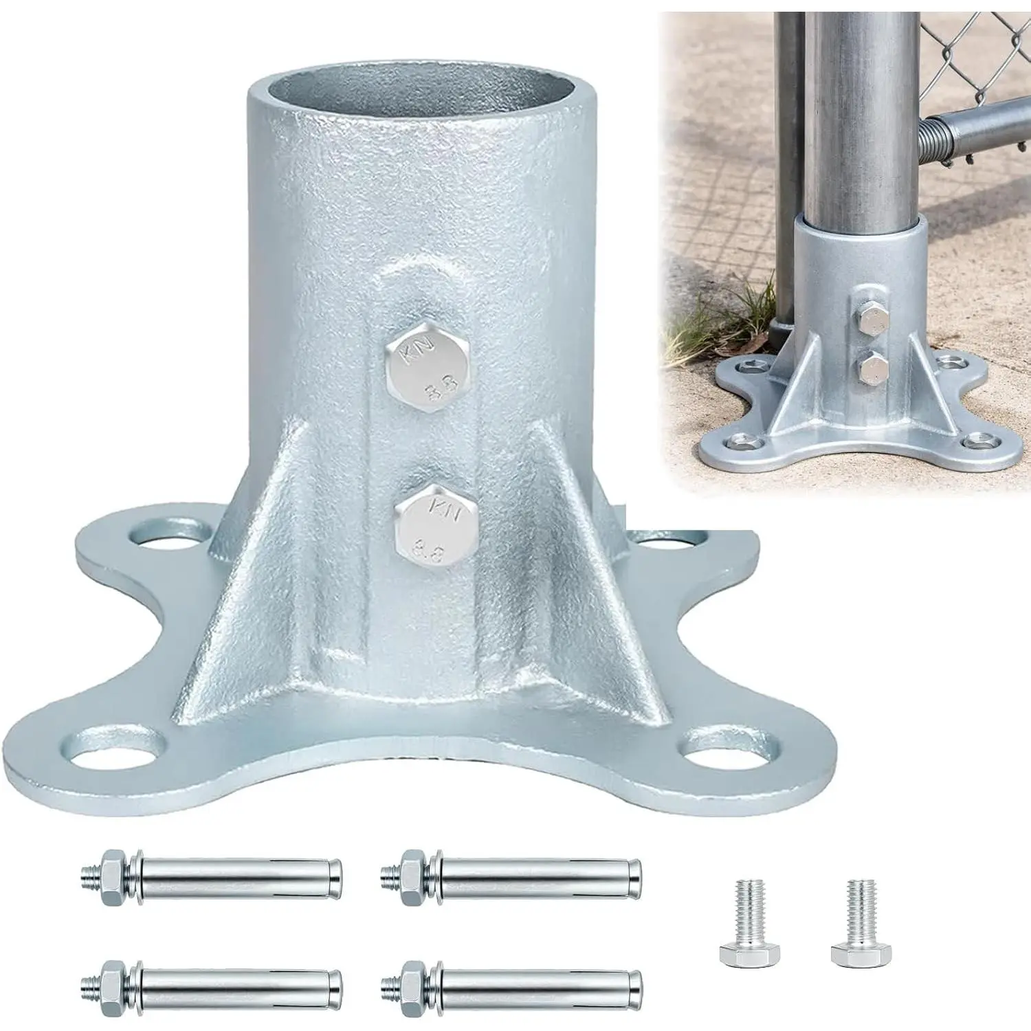 Chain Link Fence Post Floor Flange 2 1/2"(Actual OD 2 3/8"), Round Post Base for Chainlink Pole, Ideal for Flag Mailbox Lamp, Galvanized Steel Base Flange Includes Bolts and Nuts