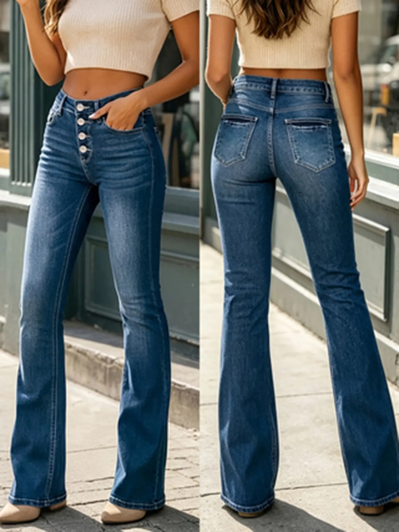 Women's Low-Waist Denim Flared Pants, Button Closure, Fitted Design, Casual Style, All-Season Wear, Daily Commute