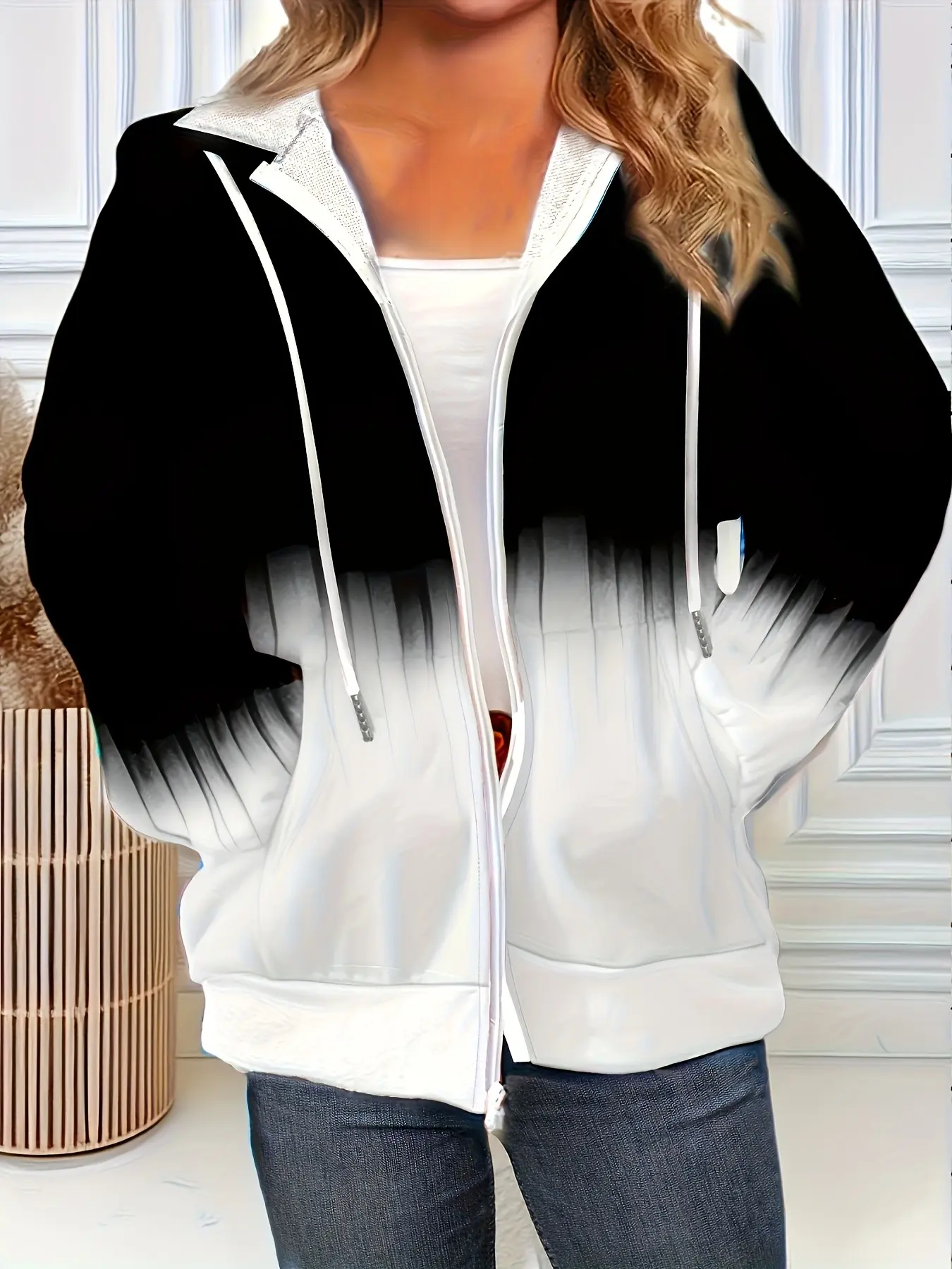 Women's Plus Size Loose Fit Gradient Ombre Zipper Hoodie, Fall & Winter Casual Long Sleeve Drawstring Pockets Jacket