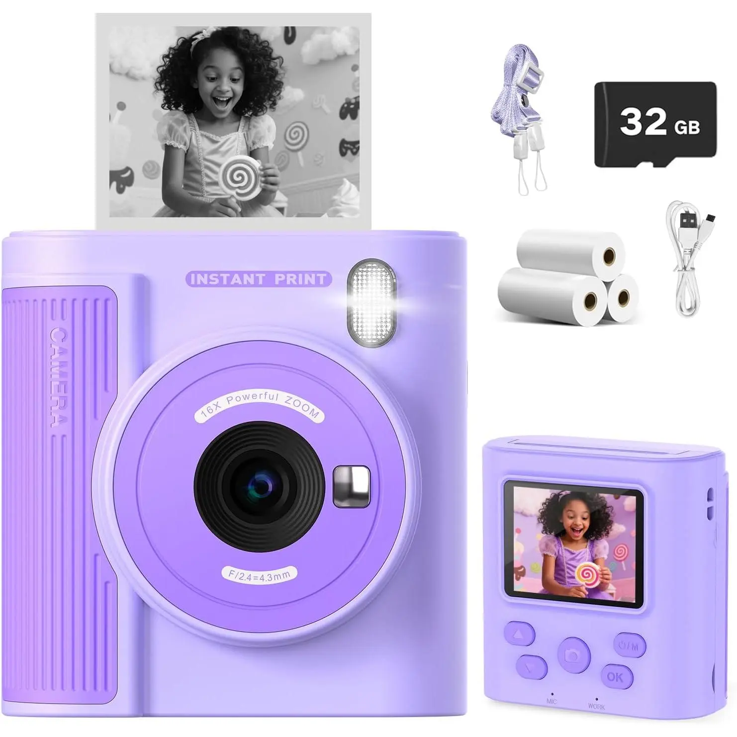 Upgrade  Camera  Print for Ages 3-12, Portable  Print Camera with  Digital Video,  Christmas Birthday  for Boys & Girls, Includes 32GB SD Card -